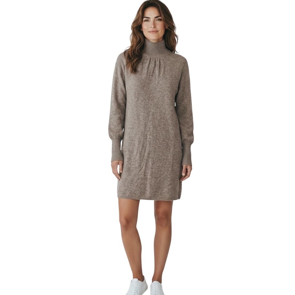 Zara Womens Taupe Marl Mock Neck Balloon‎ Sleeve Knit Sweater Dress Medium New